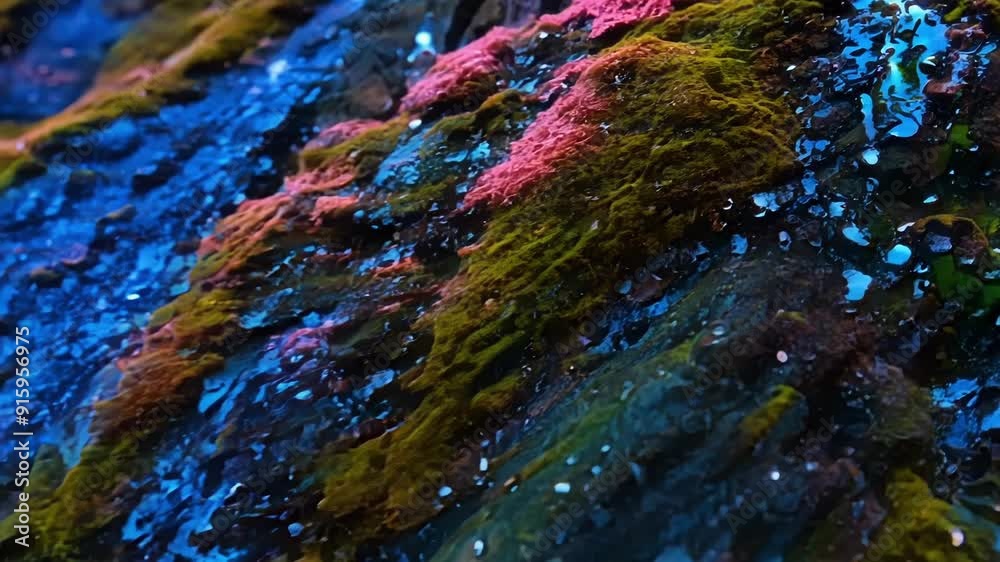 Aufkleber against a backdrop of dark damp rocks a bright pink and blue moss grows in unexpected and eyecatchin