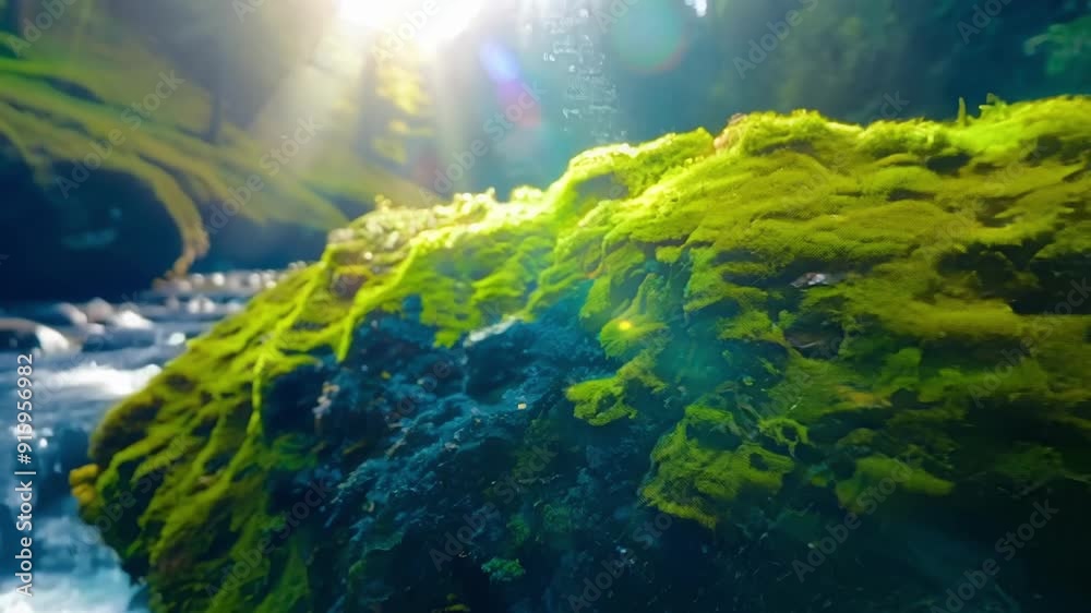 Aufkleber In a rocky stream vibrant patches of lime green and deep blue moss sway gently in the waters current creating a mesmerizing and colorful display.