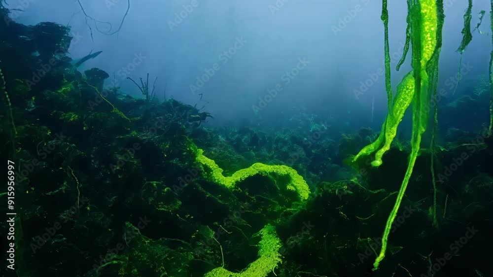 Poster In a misty rainforest neonhued moss dangles from tree branches creating a fantastical and otherworldly atmosphere.