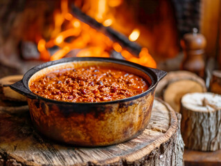 A large pot of chili sits on a log, with a fire burning nearby. The pot is filled with red beans and chili, and the fire adds a warm, cozy atmosphere to the scene