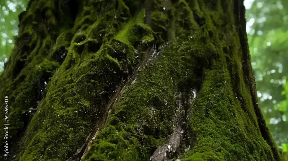 Poster closeup of a gnarled old tree trunk covered in a thick layer of rich green moss thriving in the prot