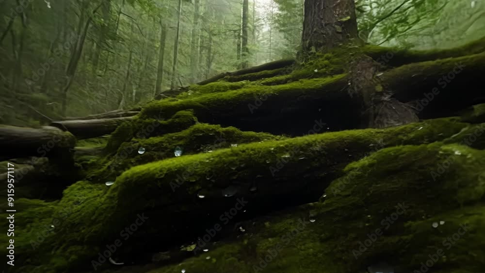 Poster Moving through a dense forest the camera captures glimpses of dark green patches of moss clinging onto tree branches and fallen logs hidden in the shade.