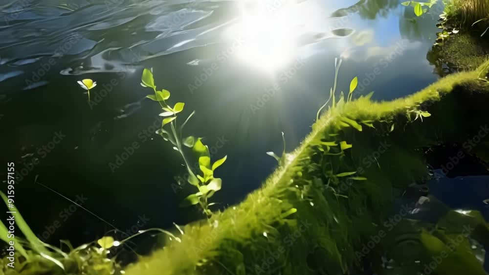 Poster depicting the tranquil beauty of a mosscovered pond the footage captures the gentle movement of tiny