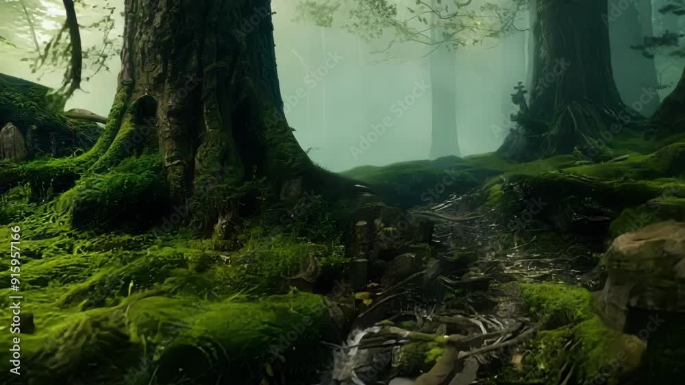Poster Tracking shot over a treacherous and mossy path shaded by towering trees giving the viewer a feeling of being immersed in a mystical forest.