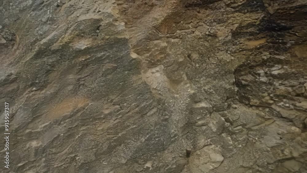 Poster Macro footage of a large boulder with exposed rock strata revealing the intricate details and patterns of the layered rocks.