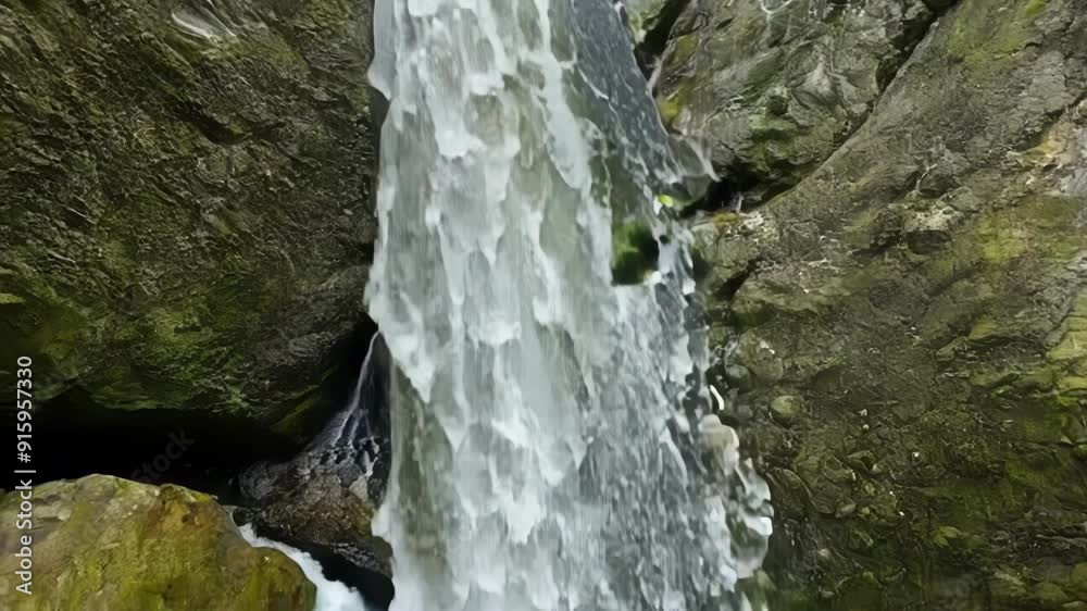 Poster Closeup footage of a waterfall cascading over layers of rock creating a beautiful contrast of smooth and jagged textures.