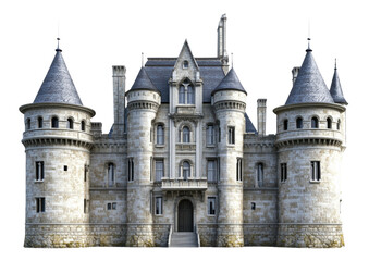 Fototapeta premium Historical stone castle with turrets and towers, cut out - stock png.