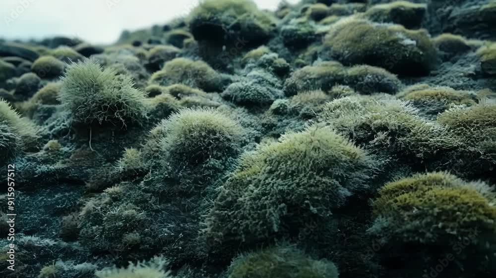 Poster The camera pans over a series of smooth rounded rocks covered in a patchwork of fuzzy gray and green lichen resembling a miniature forest.