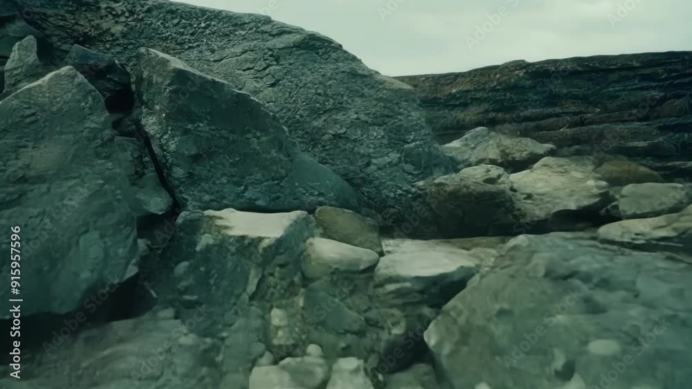Aufkleber Slowly panning across a series of weathered rocks the camera zooms in on the rough jagged edges and smooth surfaces creating a dynamic visual contrast.