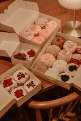 a treat of sweet delicious doughnut in sunny day at the cake shop