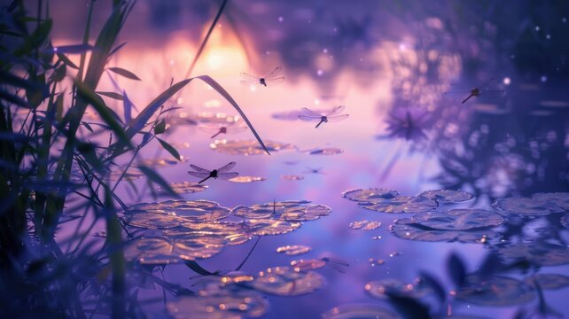 Serene twilight scene with dragonfly swarm above reflective pond, soft purples and blues in sky and water, subtle ripples, diffused light creating a tranquil, mysterious atmosphere.