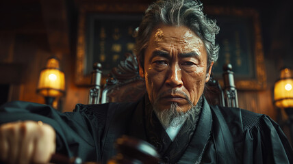 Obraz premium an asian judge striking with his gavel in a courtroom.generative ai