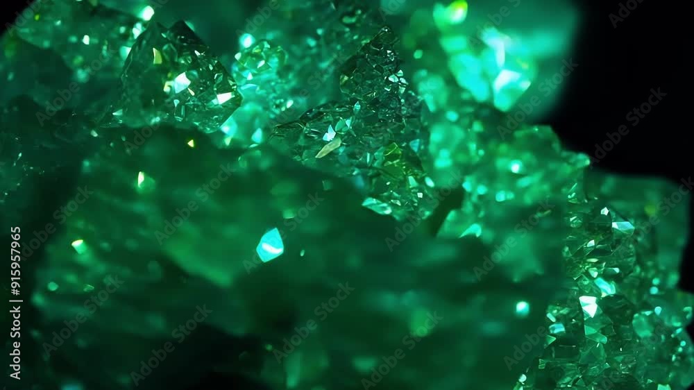 Poster against a dark background a shimmering green mineral deposit is captured in extreme closeup showcasi