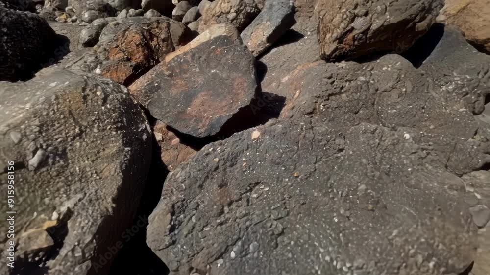Poster The camera zooms in on a of volcanic rocks each one displaying a slightly different texture. Some are smooth and polished while others are rough and pitted creating a diverse and