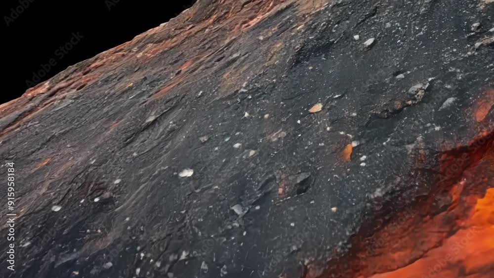 Poster As the camera moves along the surface of a volcanic rock we see its color and texture change from smooth and dark to course and grainy. This varied and unpredictable landscape