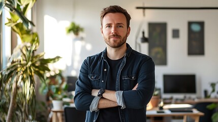 Portrait of a tech start-up founder, casual yet professional, innovative workspace background, natural daylight