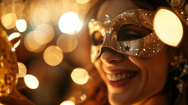 Elegant Masquerade Ball on New Year's Eve with Guests in Ornate Masks, Vibrant Atmosphere