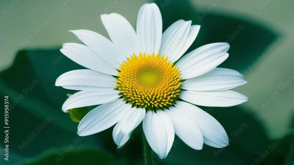 Poster a white daisy with a bright yellow center is surrounded by lush green leaves each petal having a dif