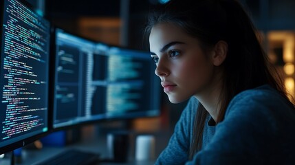 Stock image of a female coder at her workspace, focused yet approachable, dual monitors in the background