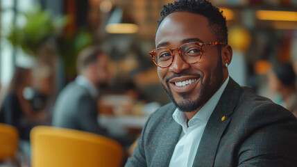 senior black couple relaxing in a mordern luxury apartment living room, wearing suit attire, happy and smiling,generative ai