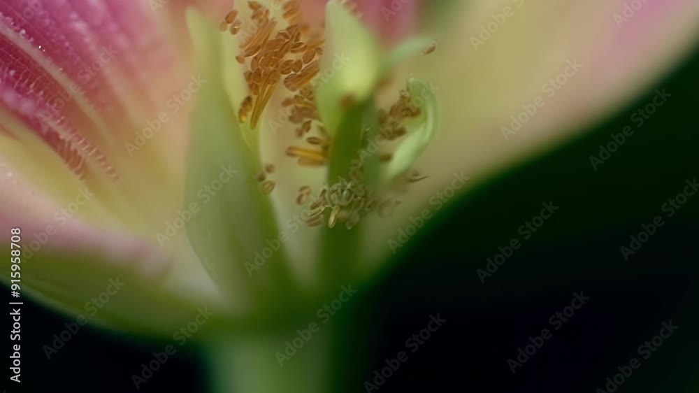 Poster a closeup of a stamen displaying its striking color contrast against the deep green of its flower.