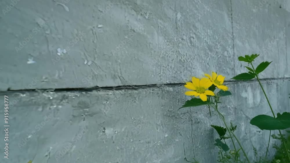 Poster a group of tiny wildflowers growing between the cracks of a concrete wall showcasing the resilience 