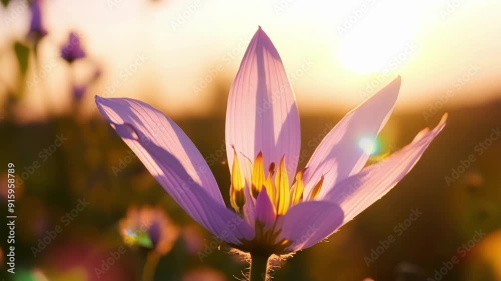 Poster the soft pink and purple hues of a delicate wildflower highlighted by the light of the setting sun c
