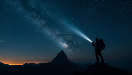 A solitary climber at a mountain summit holds a flashlight that pierces the darkness, illuminating the Milky Way and creating a striking silhouette against the cosmic backdrop.