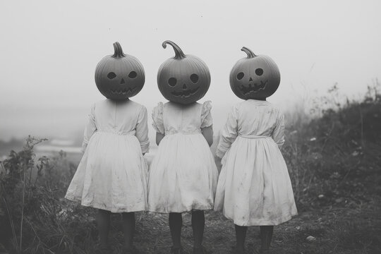 Fototapeta Vintage style horror black and white photo of three kids wearing white dresses and halloween jack-o'-lantern masks in a field, misty.
