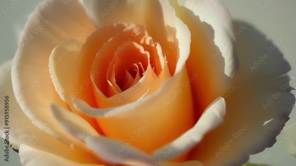 Poster a closeup of a rose bud with its soft pink petals beginning to unfold and reveal its intricate layer