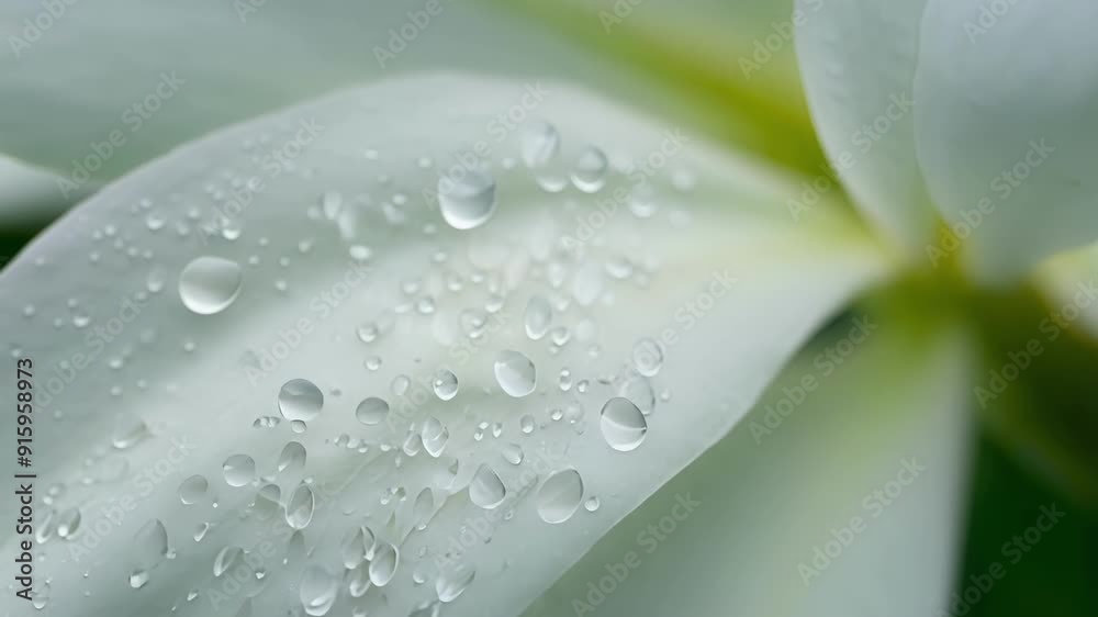 Poster a closeup shot of a white lily reveals perfectly spherical beads of rainwater creating a mesmerizing