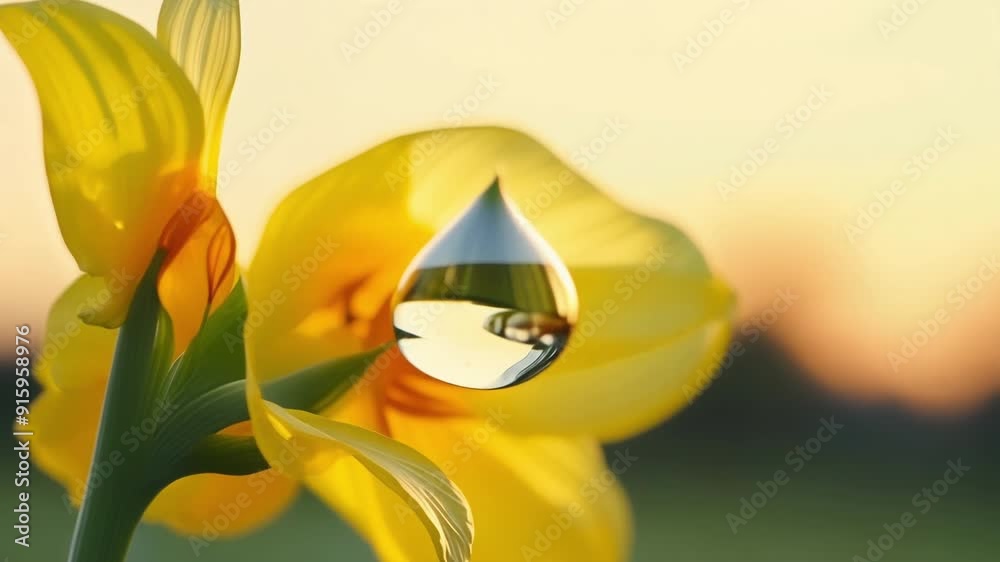 Poster a slow motion shot captures the moment a single droplet falls from a yellow daffodil creating a beau