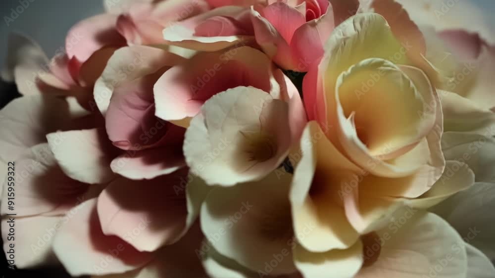 Poster The camera moves in a circular motion around a pile of rose petals capturing the depth and dimension of each individual petal.