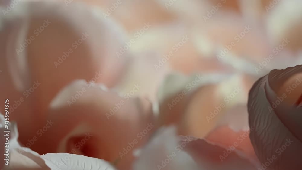 Poster The camera moves slowly over a bed of rose petals revealing the plethora of different sizes shapes and hues within the sea of soft petals.