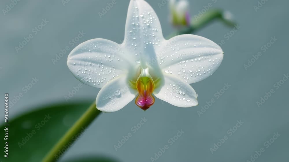 Poster the graceful curve of a white orchid bloom with dewdrops clinging to its smooth surface.