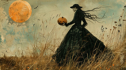 blackwitch holding orange pumpkin , halloween concept , pumpkins scary invitation card , banner, wallpaper, abstract art 
