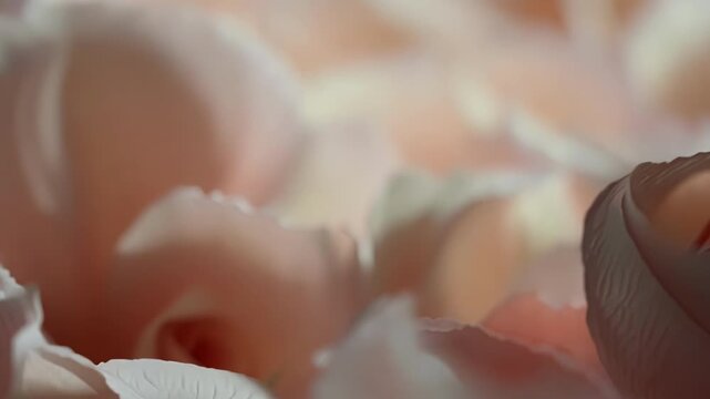 The camera moves slowly over a bed of rose petals revealing the plethora of different sizes shapes and hues within the sea of soft petals.