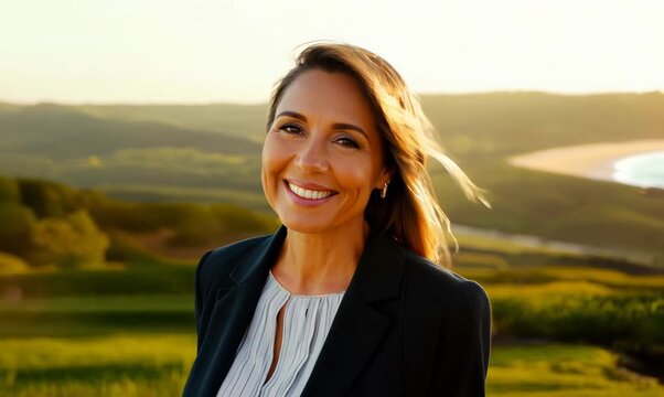 Medium shot portrait video of a pleased woman in her 40s wearing a classic blazer against a summer landscape or beach background