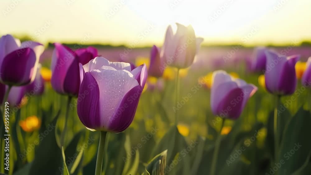 Poster The camera slowly pans across a field of purple and yellow tulips capturing the unique patterns on each flowers petals.