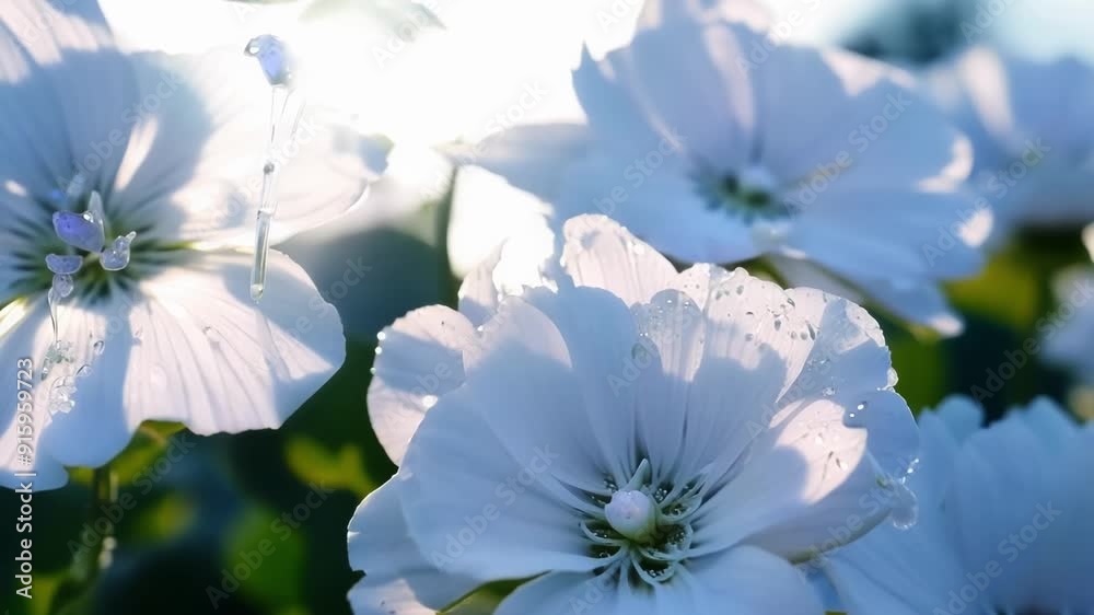 Poster Dew drops cling to the edges of a of hydrangea flowers glimmering in the sunlight and adding a touch of freshness to the scene.