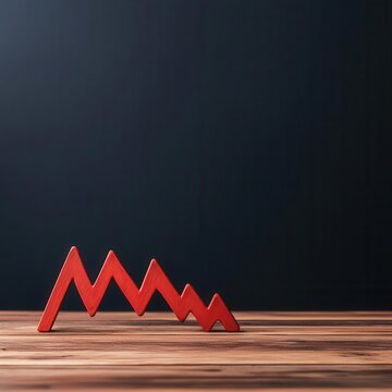 Red arrow pointing down on a wooden table, symbolizing decline or decrease.