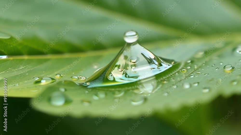 Poster macro shot of raindrops resting on the smooth waxy surface of bright green leaves reflecting the sur