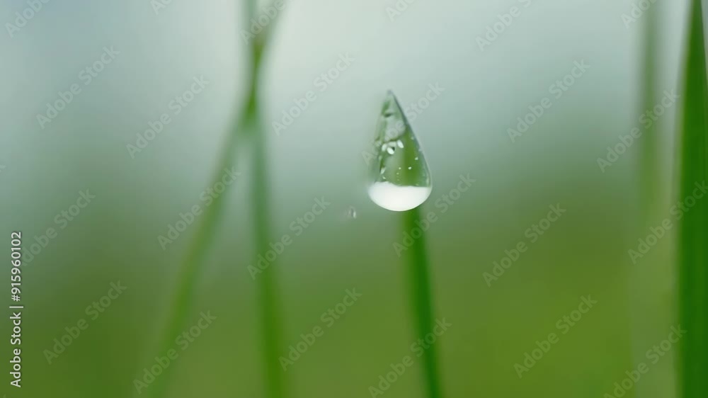 Poster slow motion footage of dewdrops rolling off the blades of grass creating small ripples on the surfac