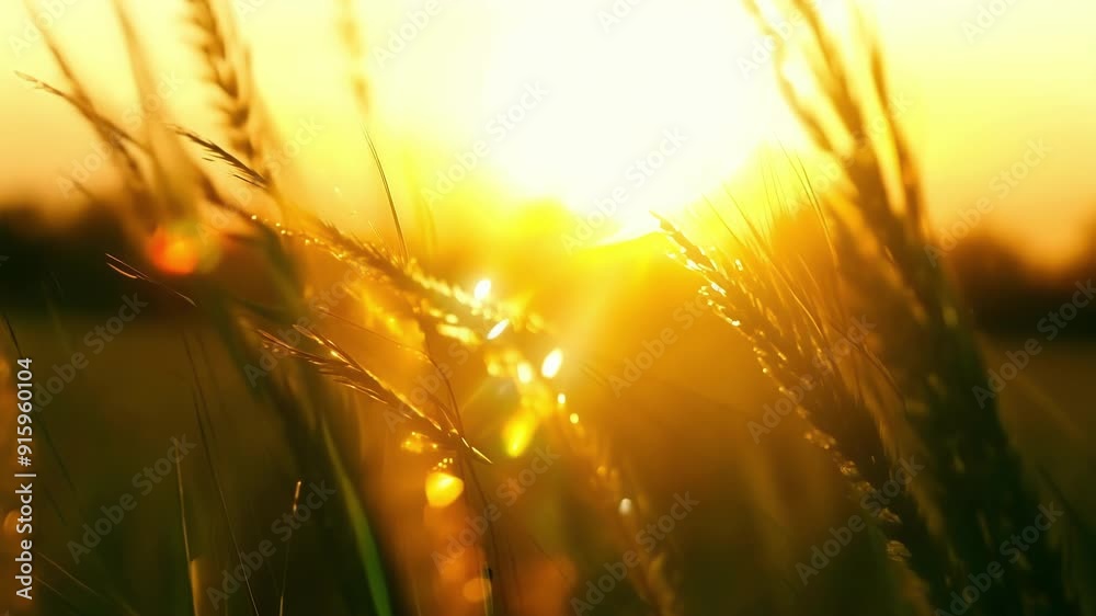 Aufkleber Mesmerizing footage of the sun rising behind a field of grass its rays refracting through the dew drops and creating a beautiful golden glow.
