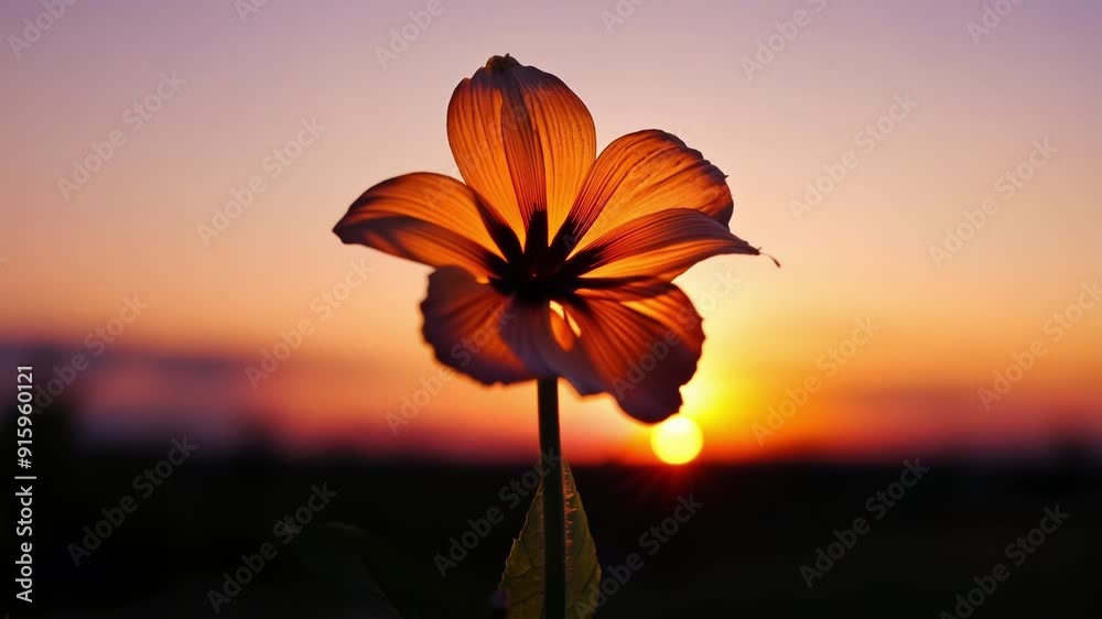 Poster as the sun sets behind a distant horizon a vibrant orange bud slowly unfurls reaching towards the la