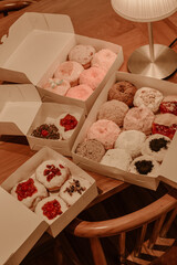 a treat of sweet delicious doughnut in sunny day at the cake shop