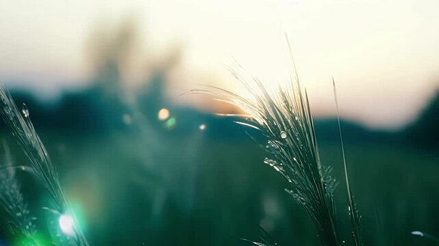 A gentle breeze causing the dew to tremble and sparkle like diamonds on the tips of grass blades.