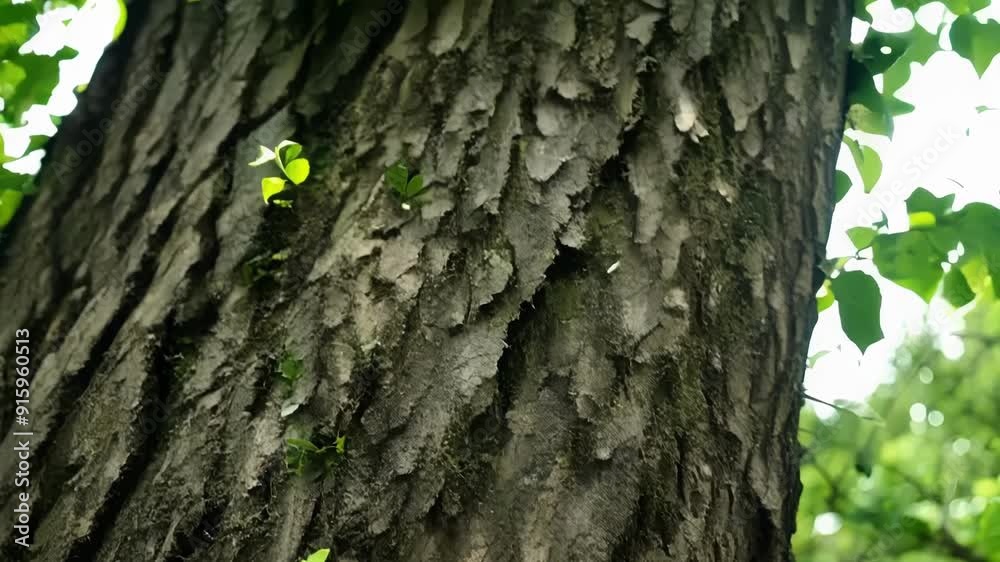 Poster the contrast between the dark rough bark and the vibrant green of new leaves sprouting from a tree.