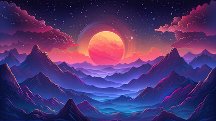 colorful neon moon art night view halloween concept, scary nights, cartoon art, star , moon , clouds, mountains and sea or lake 