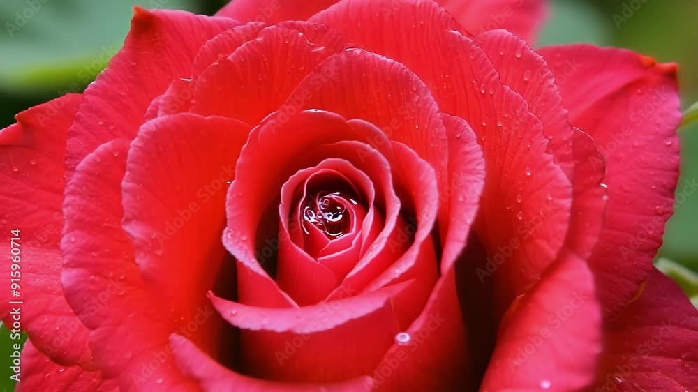 Poster A zoomed in view of dew drops clinging to the soft petals of a bright red rose reflecting the surrounding greenery.